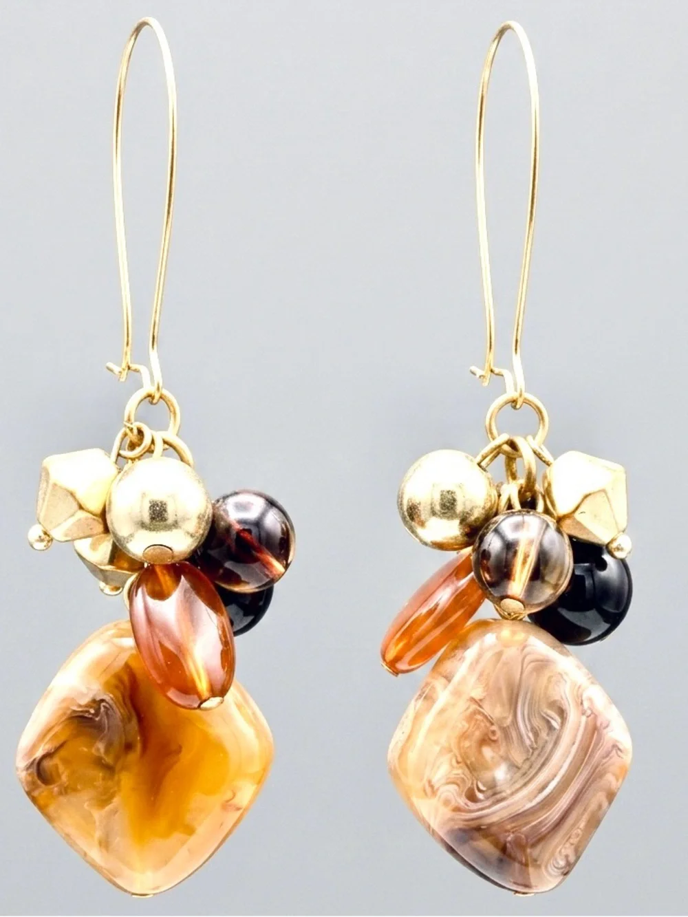 Boho Marbled Resin Cluster Dangle Earrings Gold Tone 3.5